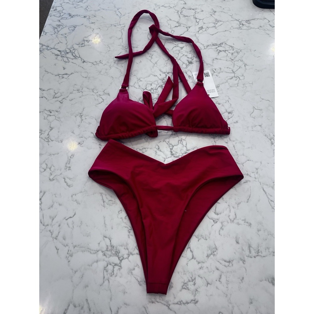 New Quince Cherry Red Italian Full Coverage Ring Triangle Bikini Top &  V Bottom